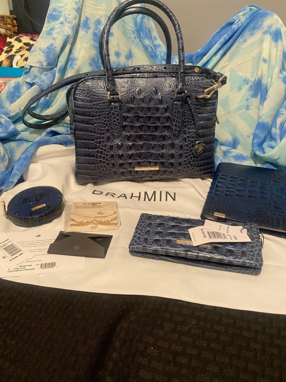 Brahmin Navy Croc-Embossed Marissa Satchel with Matching Accessories set of 5